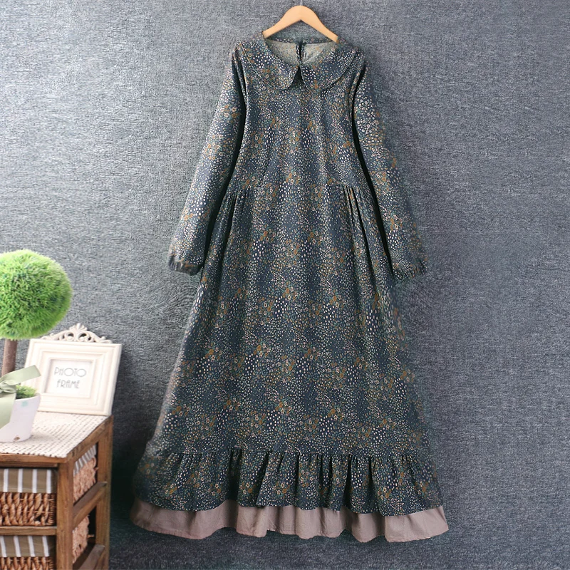 Autumn Mori Girl Vintage Floral Print Cotton Linen Dress Women Peter Pan Collar Long Sleeve Casual Loose Ruffle Hem Midi Dresses