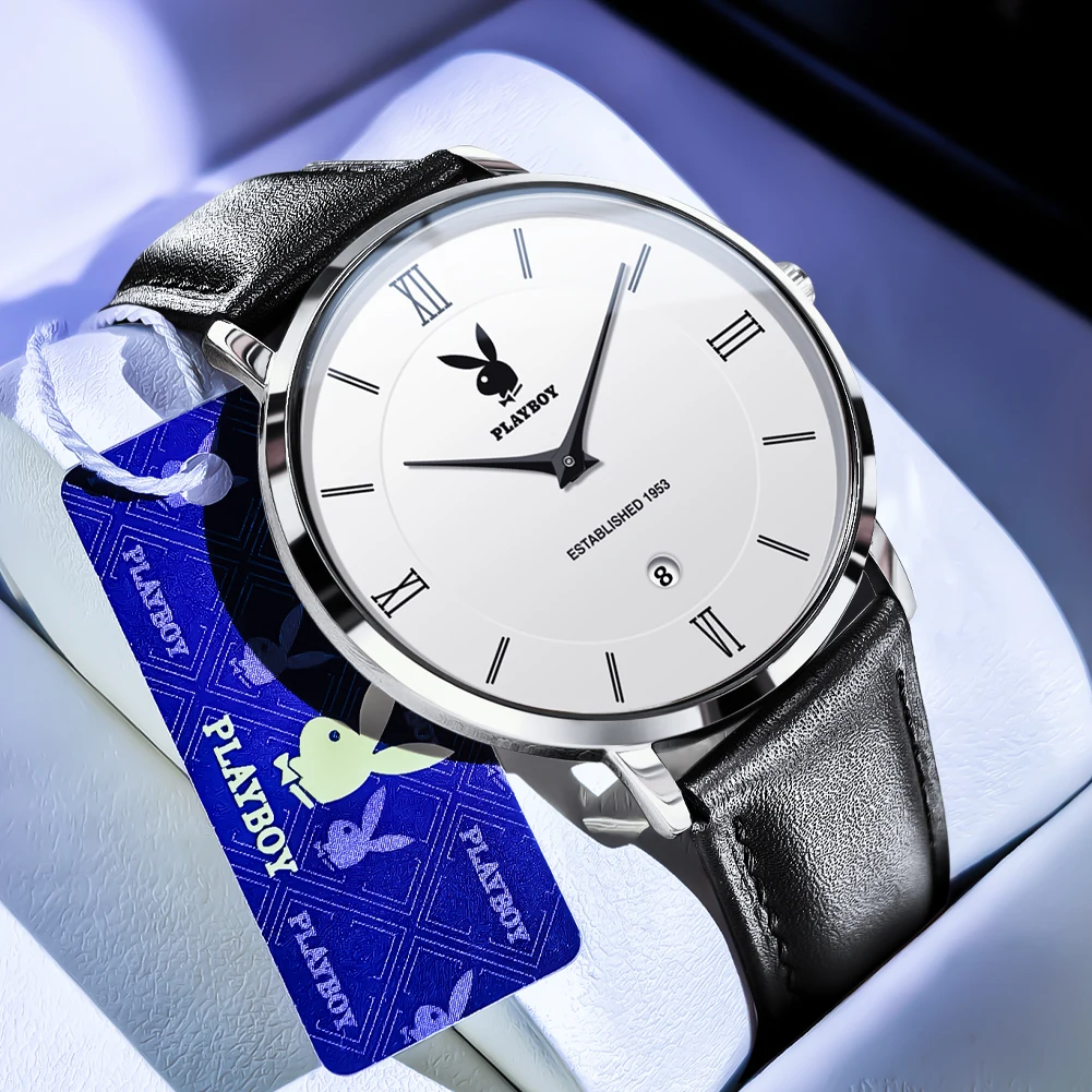 プレイボーイ-メンズ防水クォーツ時計レザーストラップシンプルカジュアル高品質オリジナルファッショントレンドベストセラー