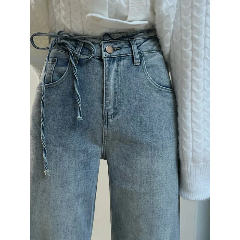 

American Retro Asymmetric Tie Straight Leg Jeans Women's Spring Summer High Waist Slimming Tall Extended Floor-Length Pants