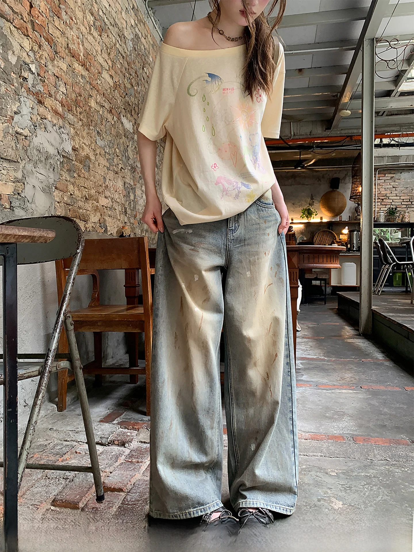 

Retro American Style Distressed Design Denim Jeans High Waist Wide Leg Ladies Jeans Cannon Brand Summer Collection