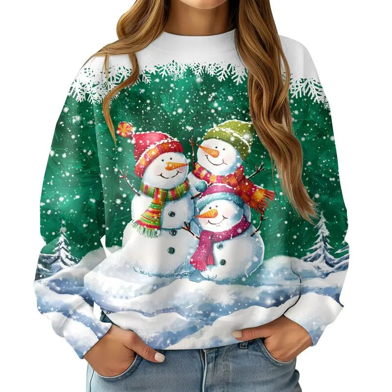 

New Spring and Autumn Women's Print Christmas Snowman Round Neck Casual Long-sleeved Sweatshirt