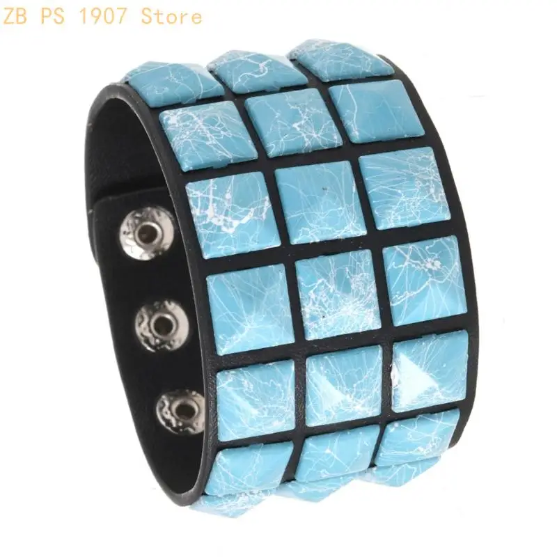 Punk Fashion Leather Bracelet Adjustable Closure Square Studs Design Comfort Fit Gift for Men Women Unisex 55KA