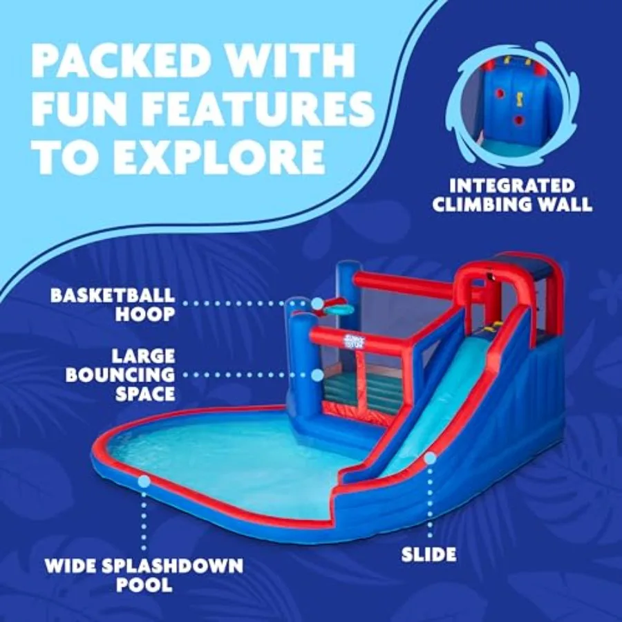 Outdoor inflatable water slide park with climbing wall, slide, bounce house splash pool heavy-duty PVC, blue/red, easy setup wi