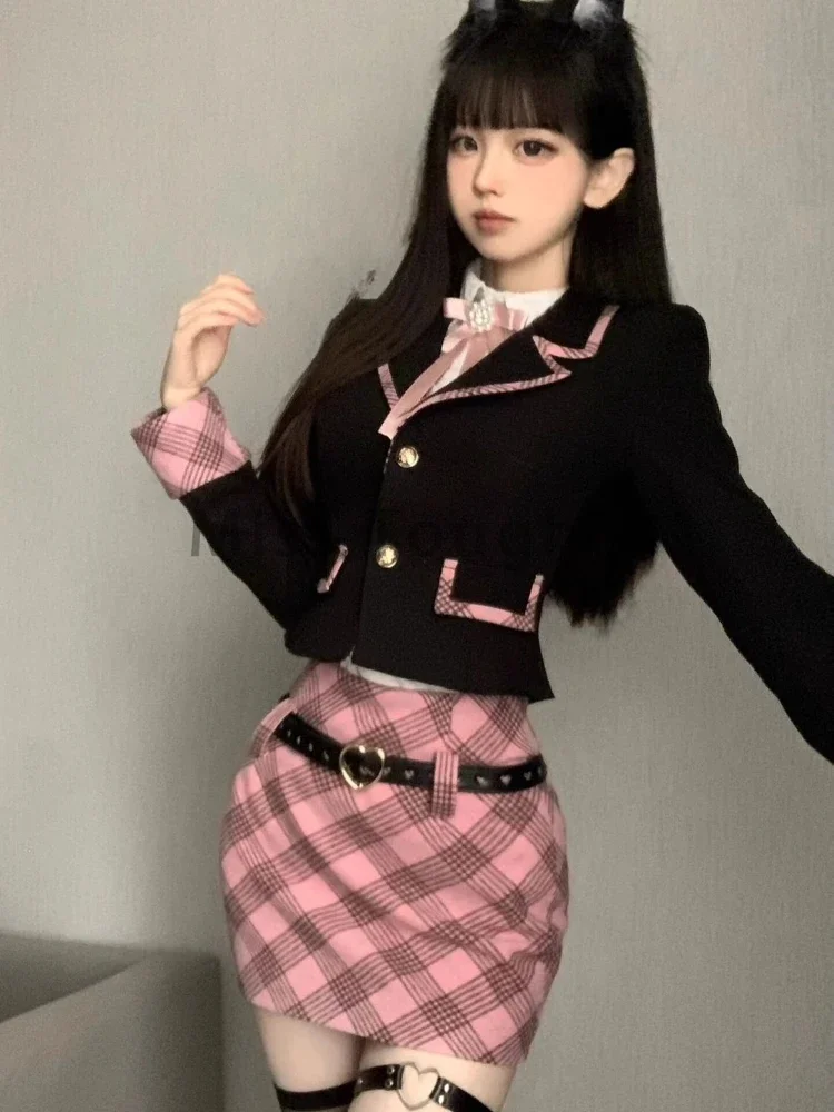 College Style Elegant Short Skirt Suit Women Jacket Long Sleeve Shirt High Waist Slim Plaid Set Korean Chic Pink Three Piece Set