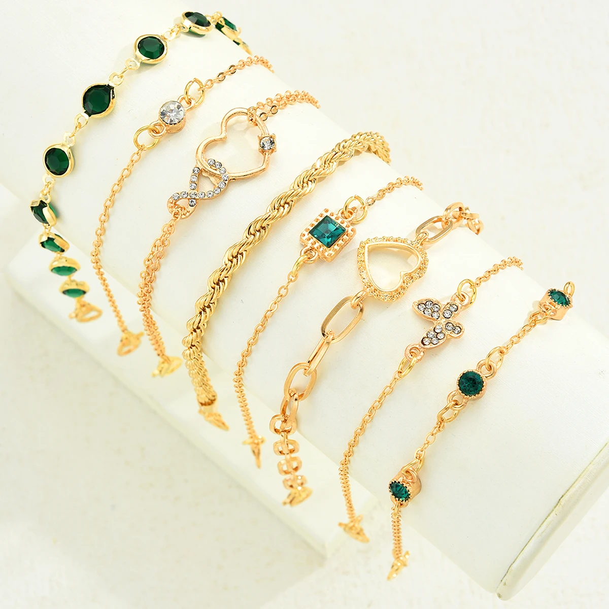 5 قطع خمر القلب الأخضر كريستال سوار مجموعة للنساء أزياء جميلة فراشة حجر الراين إنفينيتي هندسية أساور مجوهرات