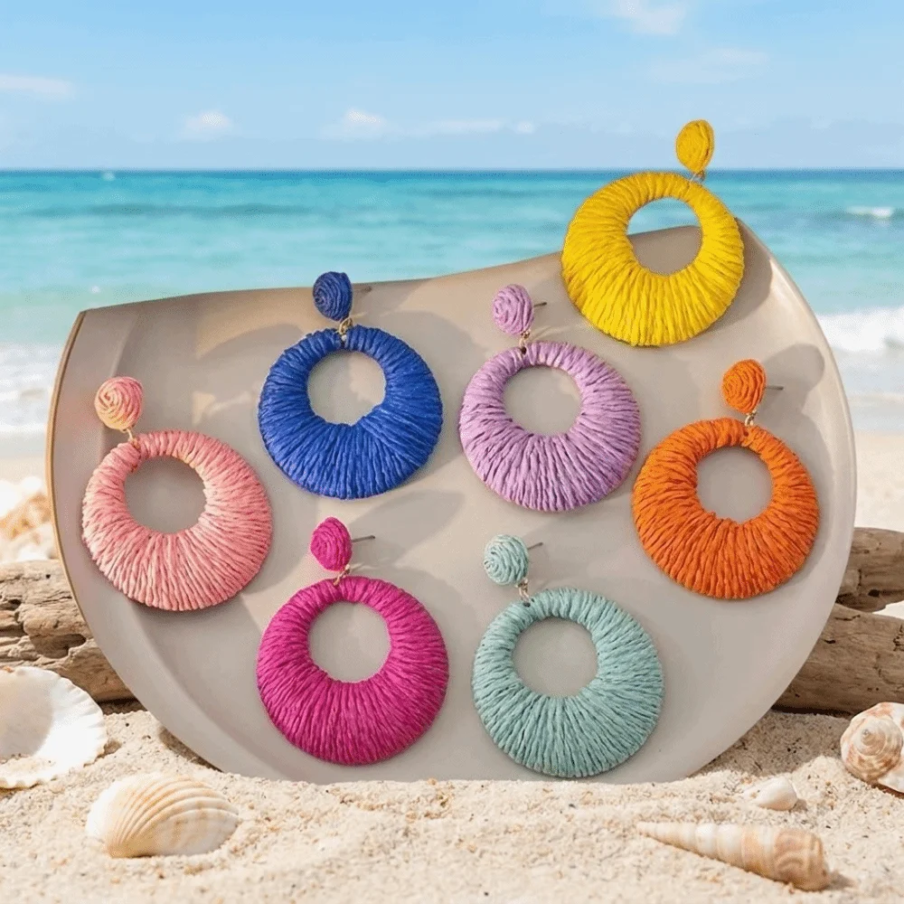 Trendy Round Shape Drop Earrings Woven Design Hollow Out Woven Earrings Colorful Exaggerated Style Colorful Earrings For Women