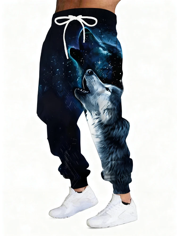 

New Men's 3D Snow Wolf Print Casual Pants Outdoor Breathable Athletic Pants Stylish Drawstring Streetwear Trousers Mens Cuffed P