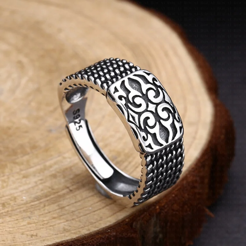 BOCAI S925 Sterling Silver Charms Rings for Men Women New Fashion Eternal Rattan Granule Pattern Retro Old Jewelry