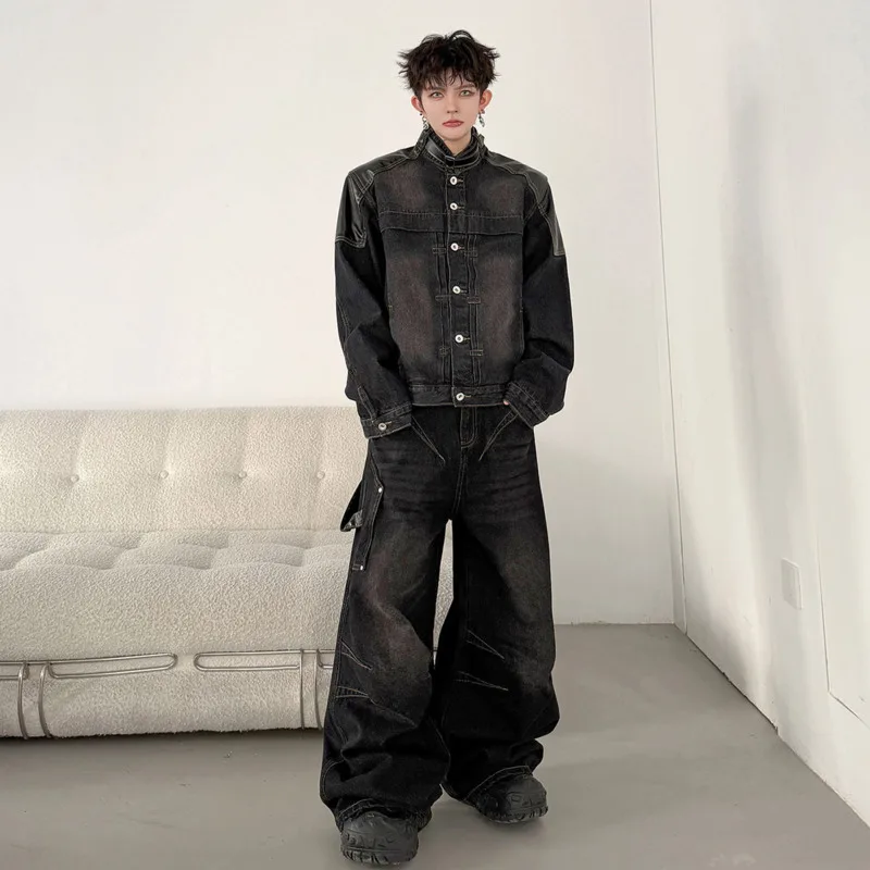 WVGA Spring Autumn New Men American Style Deconstructed Patchwork Leather Stand-collar Short Coats Wide-leg Jeans Set Ins W27332 view 4