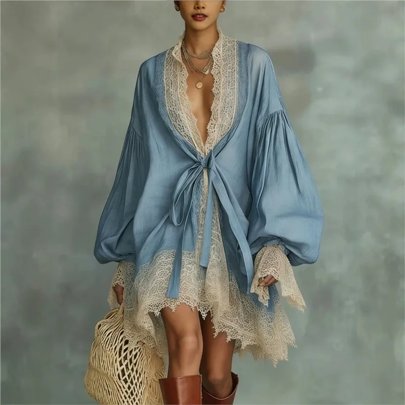 Women Boho Lace Trim Kimono Cardigan Deep V Tie Front Puff Long Sleeve Sheer Tunic Cover Up Vintage Beach Holiday Robe