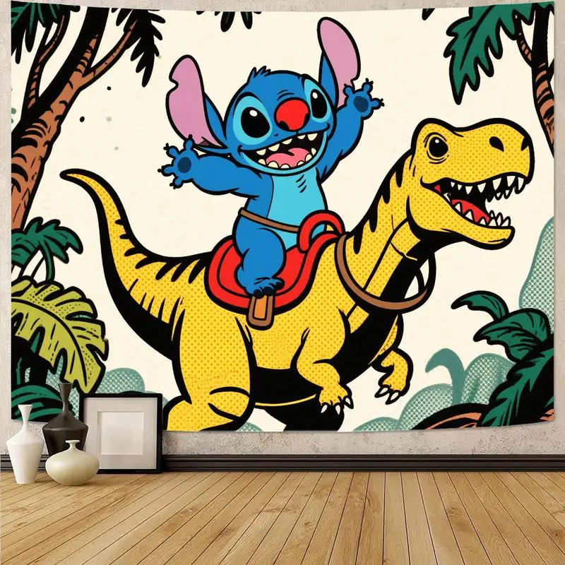 

1 шт., красочный гобелен Disney Stitch Riding Dinosaur, ретро настенный художественный домашний декор, идеально подходит для детской комнаты или игровой комнаты