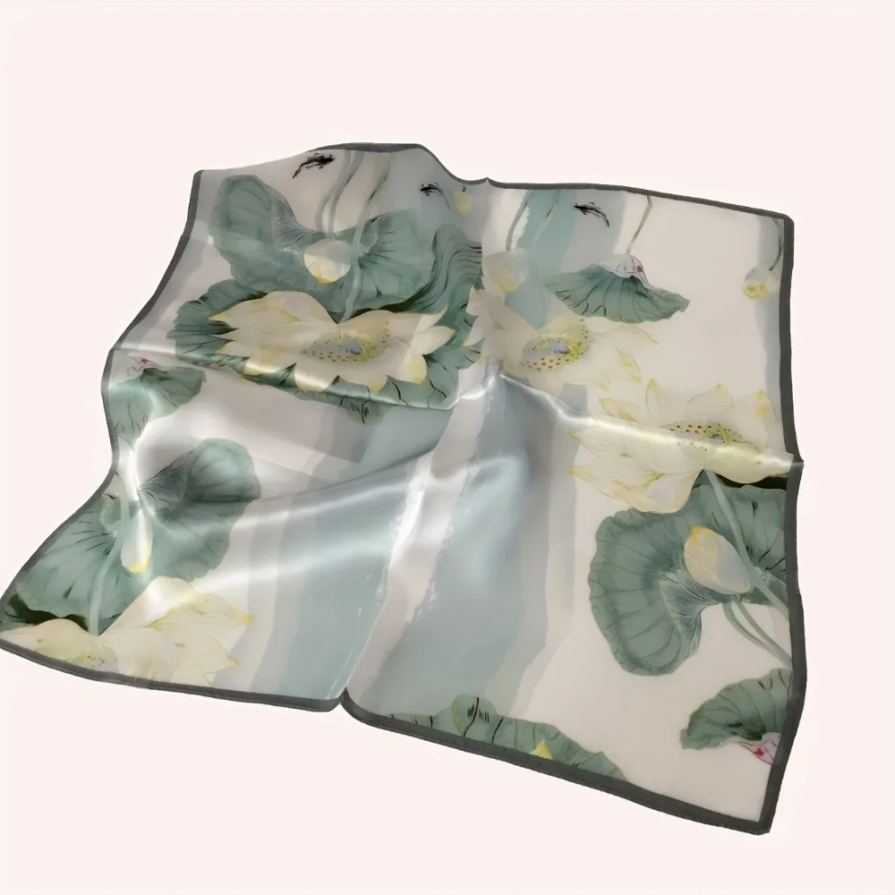 

1pc of 21.65-Inch Light Green Chinese Retro Women'S Silk Square Scarf, Silk Neck Scarf Headscarf, Ink Painting Lotus An