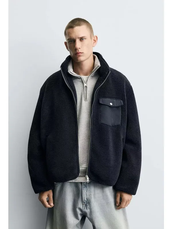

Casual Loose Fit Men's Fce Lined Lamb Velvet Jaet Outerwear Warm Polyester Fabric Long Sve Zipper Closure Color