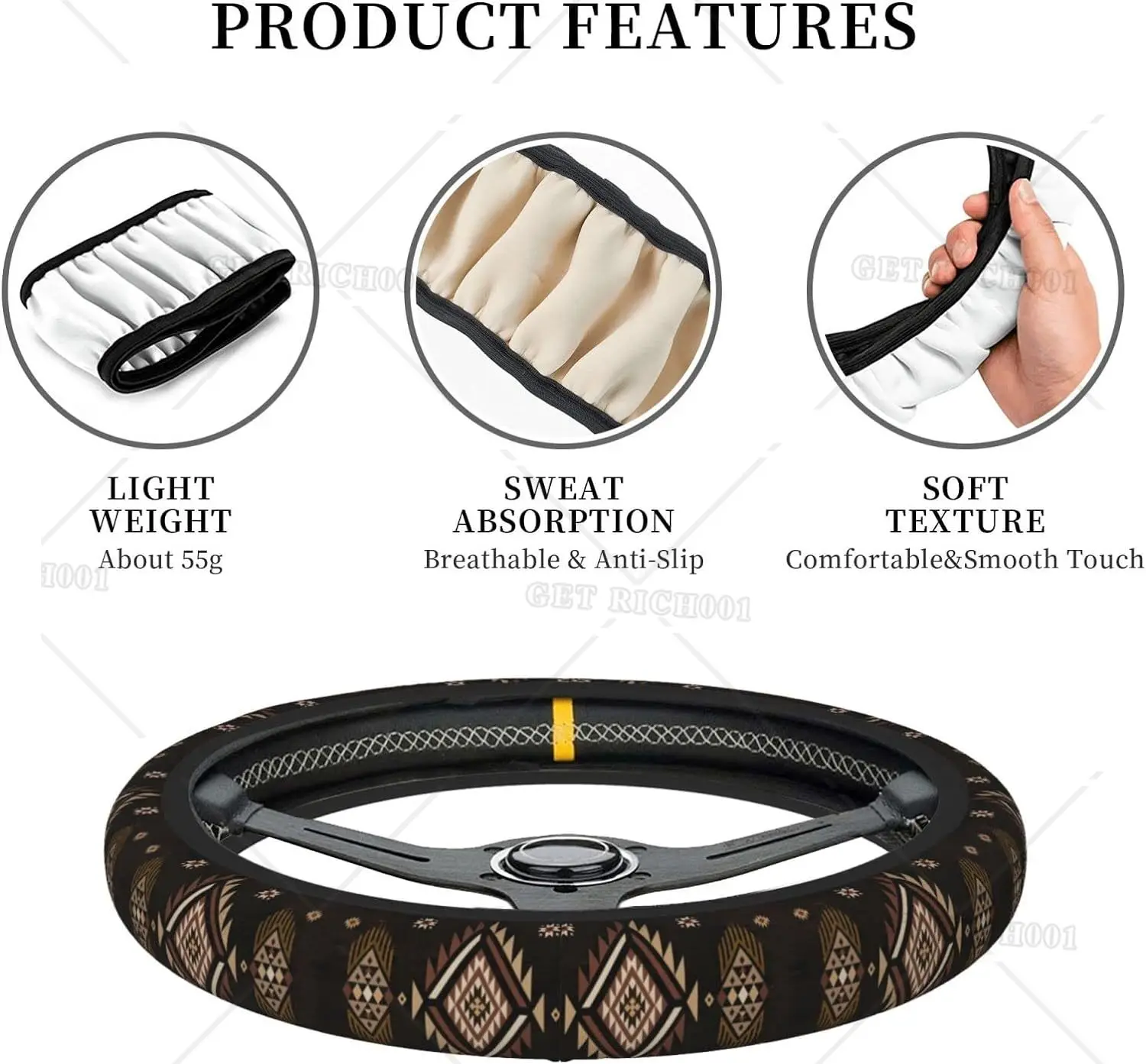 Steering Wheel Cover Anti-Slip,Sweat Absorption Universal 15 inch Steering Wheel Covers Cute car Accessories for Men Women