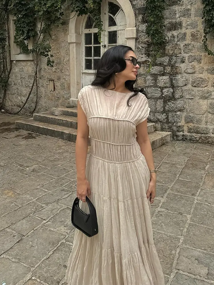 Estate femminile pieghettato impiombato solido Maxi vestito elegante manica corta O collo appeso orlo abito estate Casual donne abiti da pendolare