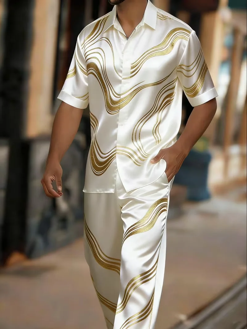 New Ming Huang Daisy Boat Anchor Baroque Short Sleeve Set Luxury Vacation Style Men's Shirt Pants Two Piece Set - view 4