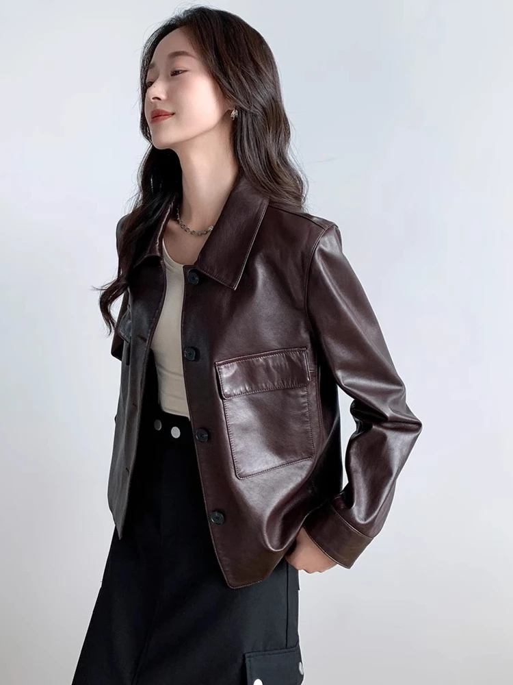 Casual Genuine Leather Cropped Jackets for Women Spring Autumn 2025 New High-end Simple Soft Oil Wax Real Sheepskin Coat