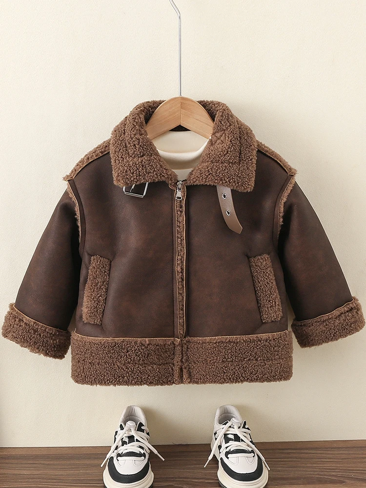 

Утепленная куртка из овечьего и оленьего велюра для мальчиков и девочек, осенне-зимняя одежда, новинка 2025 года, модная молодежная модель