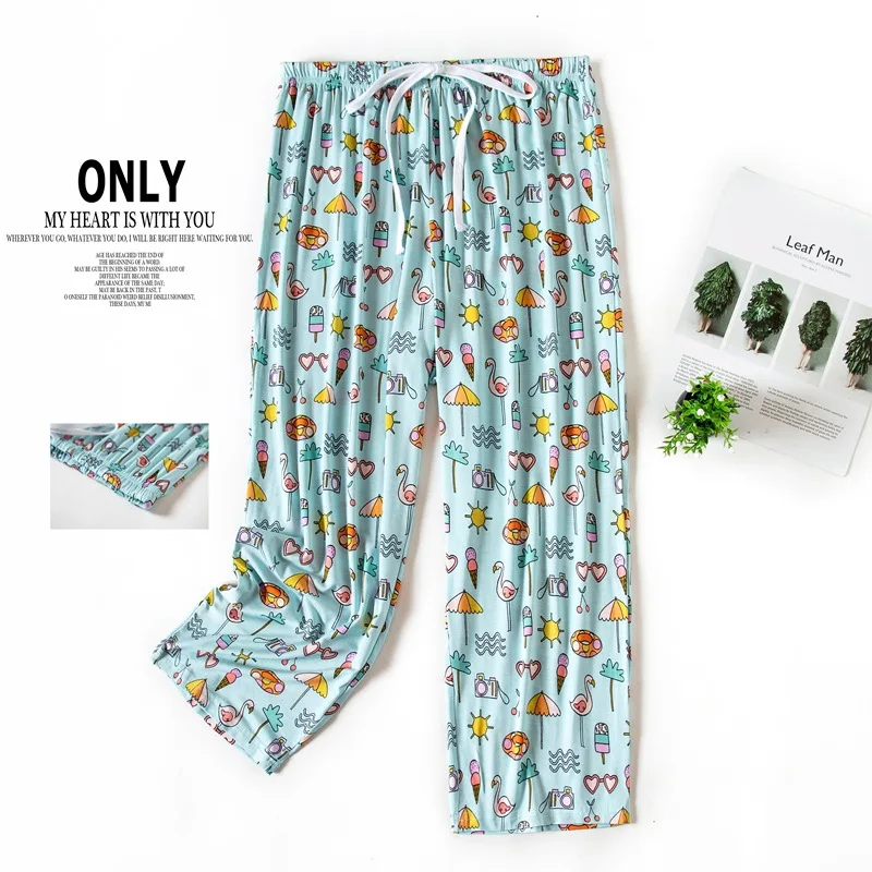 2024 Summer Women Print Sleep Pants Female Casual Loosen Plus Size Ladies Modal Calf-Length Pants Air Conditional Home Pants