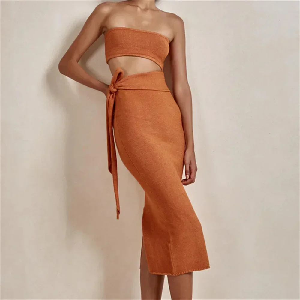 Knitted Strapless Dress Cut Out Bandage Bodycon Midi Slit Tube Top Dresses Y2K Fashion Women Wrap Hip Lace Up Knitwears Vestidos