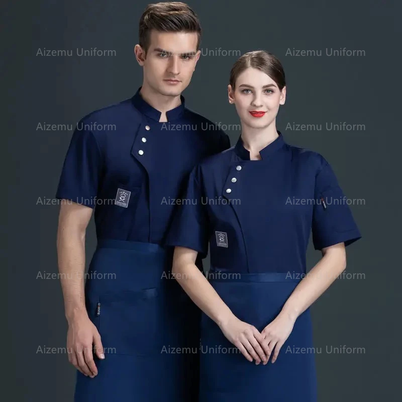 夏シェフ半袖セットレストランホテルキッチン作業服男性黒通気性キッチンシェフジャケットエプロンケータリング女性