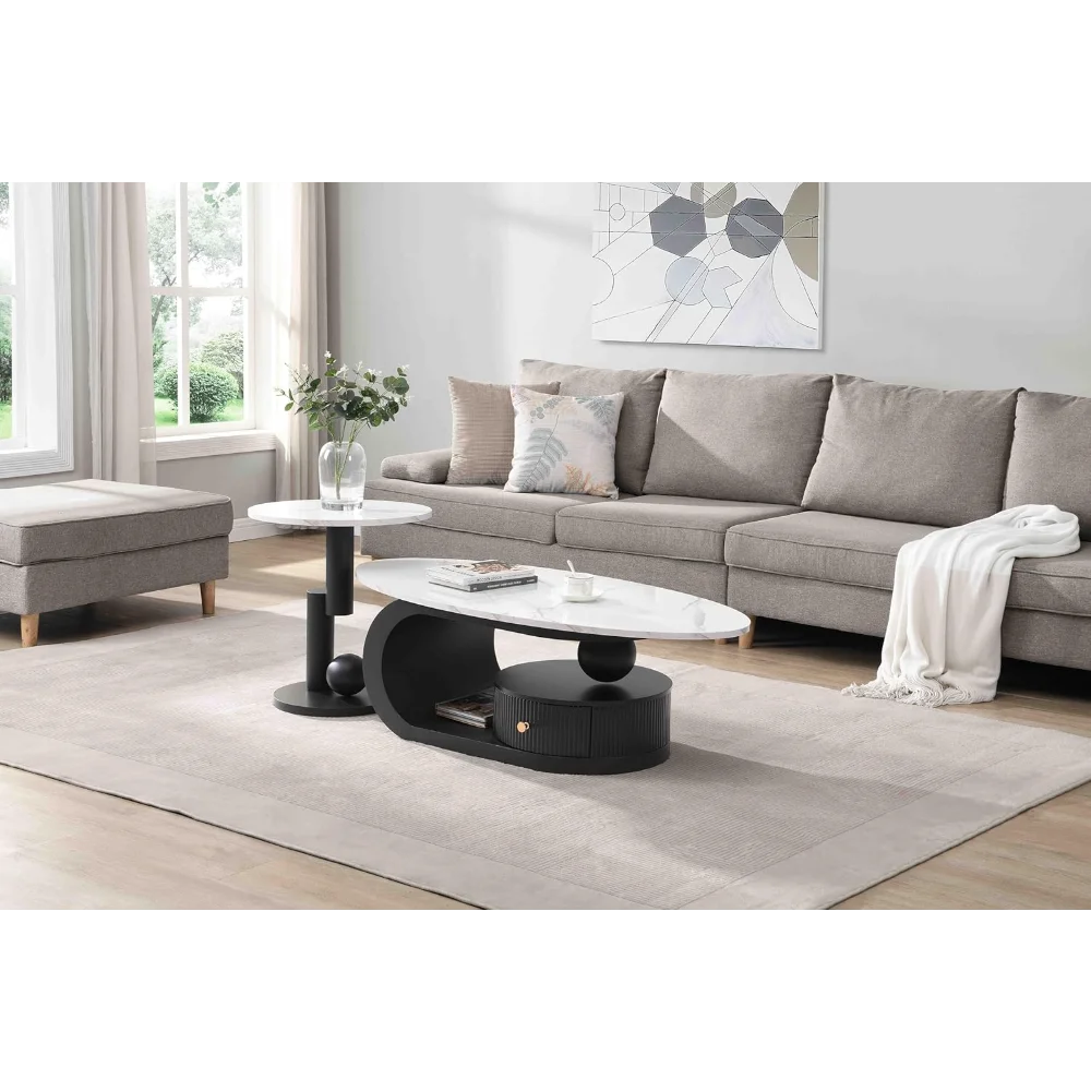 Modern 2-Piece Nesting Coffee Table Set - White Faux Marble Oval + Black Round Tables with Storage Drawer