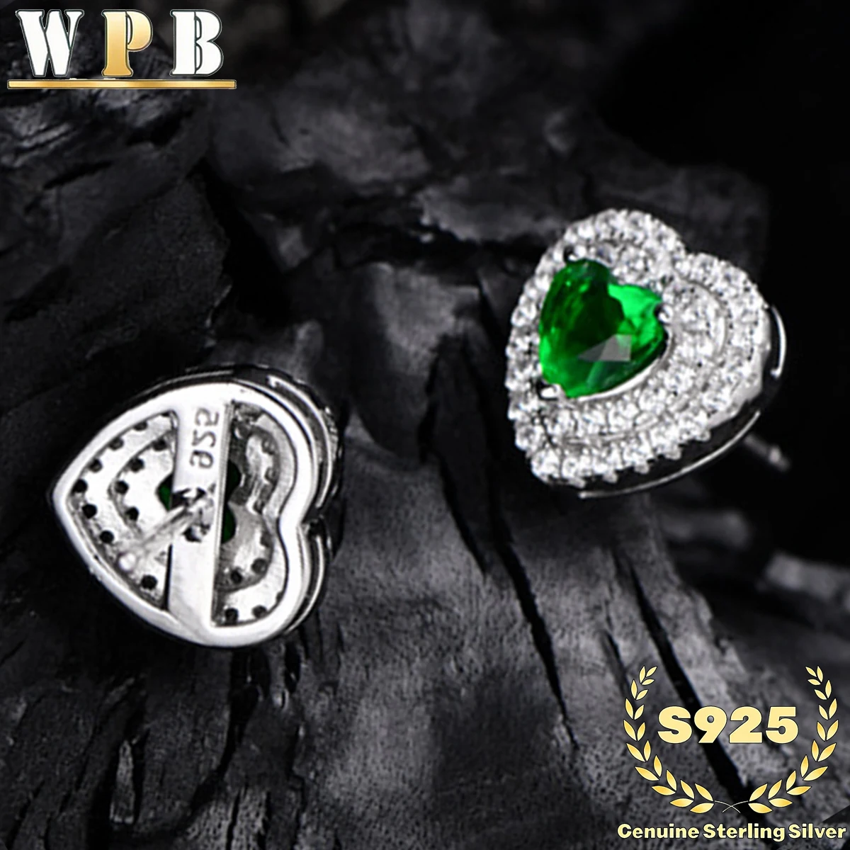 S925 Sterling Silver Stud Earrings Double Heart Green Zircon Halo Prong Setting for Women Valentine Gift Everyday Wear