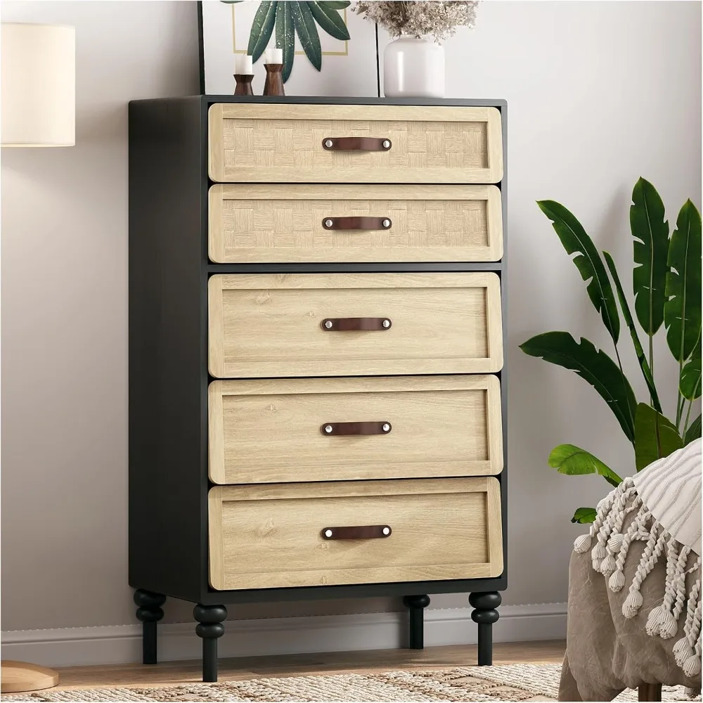 

Dresser for Bedroom with 5 Drawers, Modern Dresser with Storage, Tall Rattan Chest of Drawers, Large Wood Drawer Organizer for C