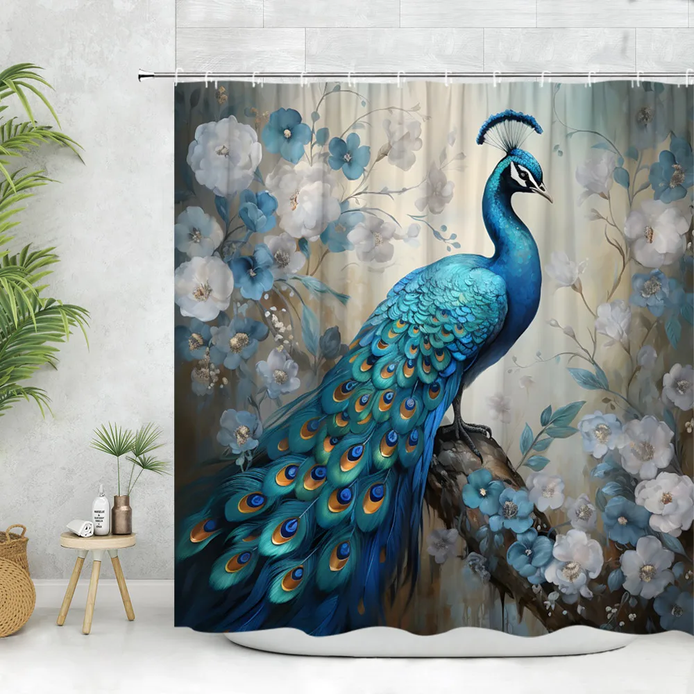 Peacock Shower Curtain, Tropical Botanical Animal Spring Flower Watercolor Tabby Tree Branch Polyester Fabric Bathroom Decor Set