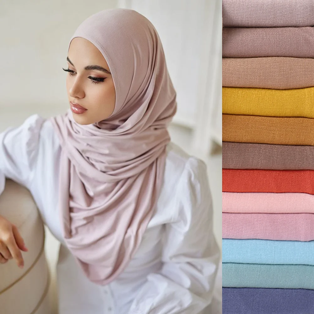 75*175CM Muslim Plain Hijab Cotton Stretchy Premium Jersey Scarf Soft Material Prayer Shawls Women Muslim Turban Femme