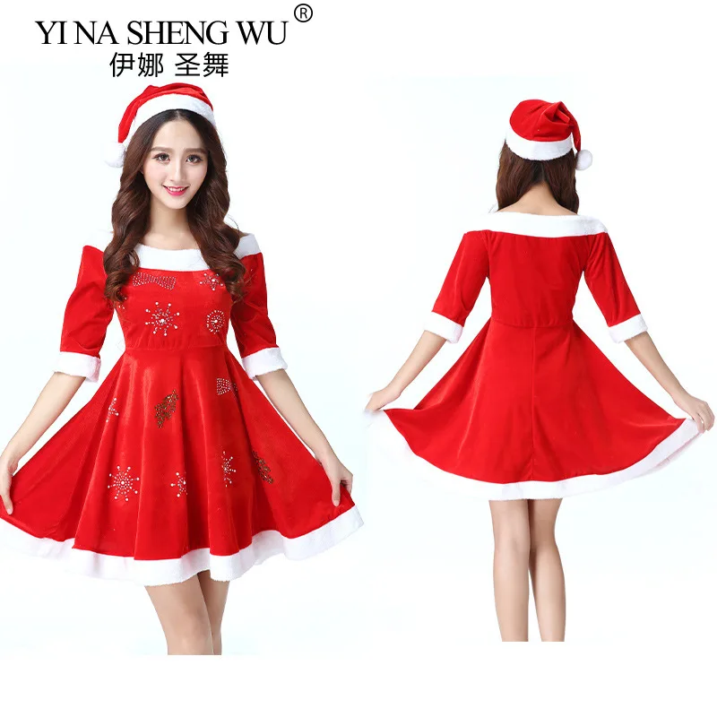 Christmas Santa Claus Performance Round Neck Dress Hooded With Belt Bodycon Dress Skirt and Hat 2-piece Red Women Clothing Party