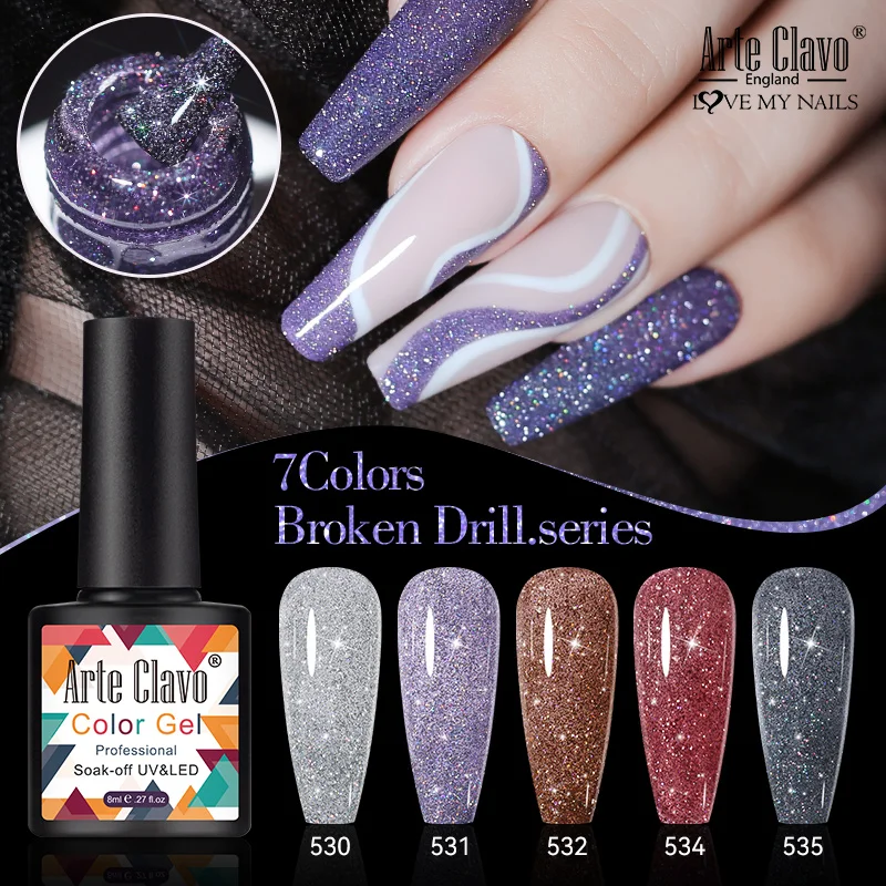 Arte Clavo 8ml odblaskowe brokatowe cekiny żelowy lakier do paznokci do Manicure półtrwały Soak Off UV DIY Art błyszczące lakiery do paznokci