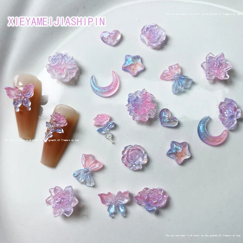 20pcs 3D Kawaii Rose Flower Nail Art Charms Blue Rose Camellia Butterfly Nail Decorations Jewelry DIY Press on Nails Accessories