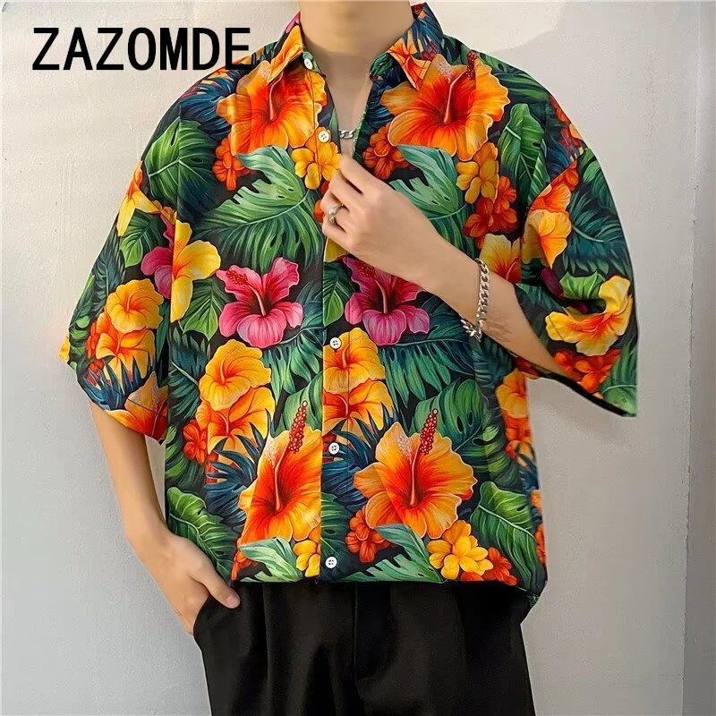 Zazomde Zomer Korte Mouwen Bedrukt Overhemd Strand Persoonlijkheid Paar Tops Retro Hiphop Mannen Losse Casual Shirts Hawaiiaanse Kleding