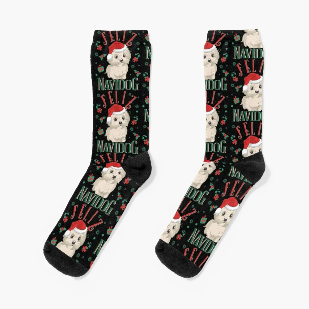 

Feliz Navidog Funny Maltese Dog Puppy Christmas Hat Socks Funny Socks