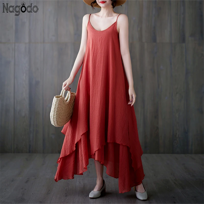 

Elegant Cotton Linen Summer Women's Long Dress Irregular Double Layer Camisole dresses Sleeveless A- line white Gown Sundress