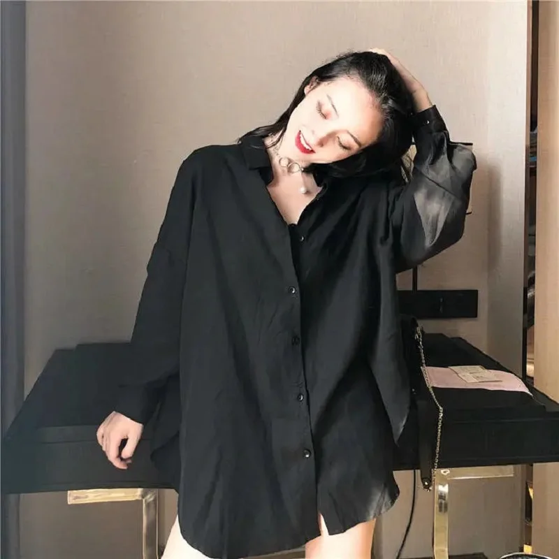 Minimalist Oversize Full Sleeve Women Basic Black Shirt Button Up Blouse Turn Down Collar BF Long Shirts Autumn Cardigan Tops