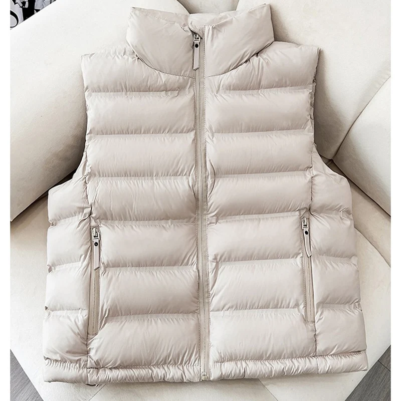

2025 Autumn Winter Stand Collar Sleeveless Vest Jacket Simple Solid Color Zip-Up Waistcoat Woman All Match Warm Down Cotton Vest