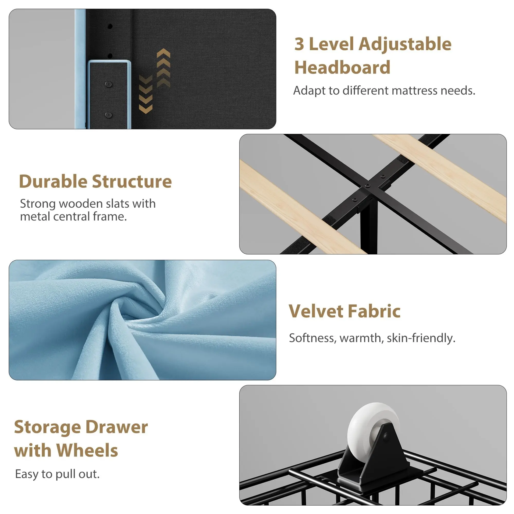 GarveeLife Modern LED Upholstered Platform Bed Frame – Adjustable Double Wave Velvet Headboard – Storage Drawers – Heavy Duty Metal & Wood Support – No Box Spring Needed – Queen Size – Light Blue/White