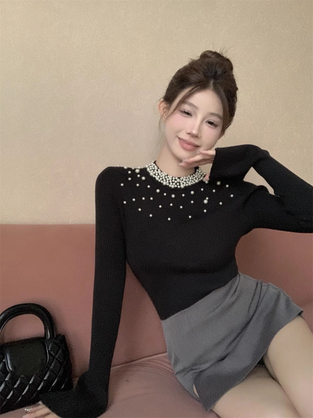 KUSAHIKI Fashion Beads Black Flare Sleeve Knitted Bottoming Pullover Women Autumn Winter Elegant Slim Sweater Base Knitwear Tops