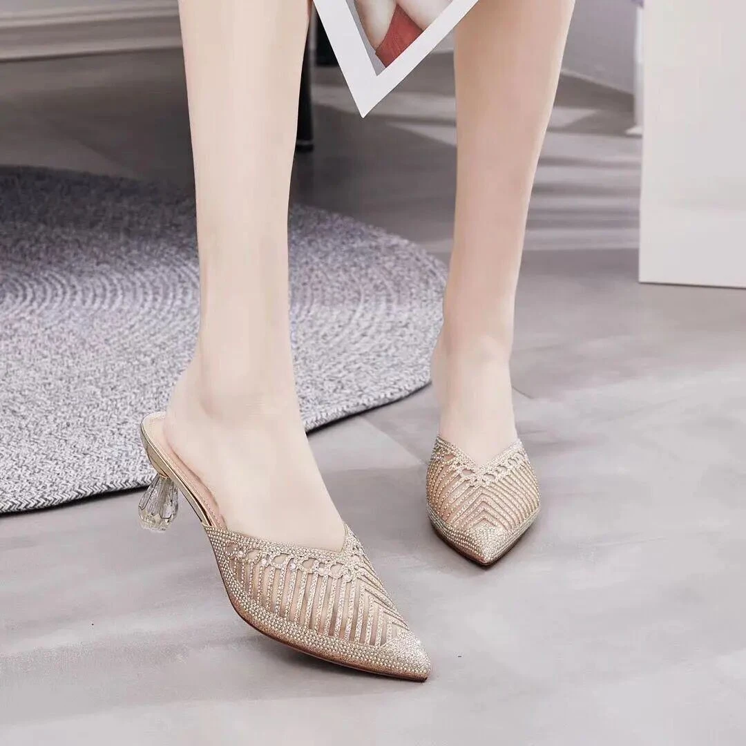 2023 Summer Elegant Women Fashion Slipper Pointed Toe Half Slippers Women's Stiletto Mid Heel Mesh Comfortable Sandals