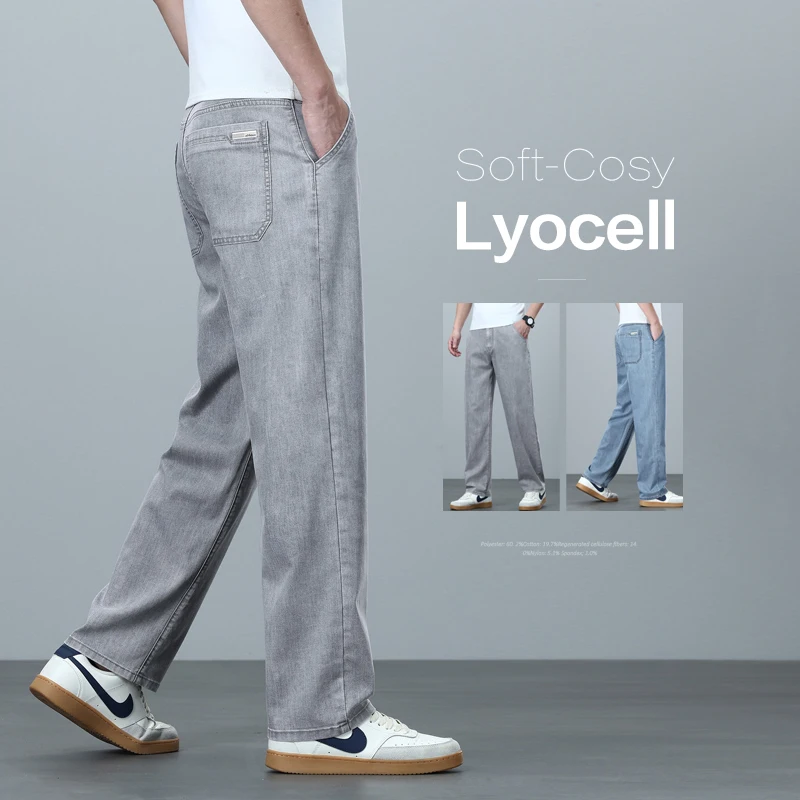 

High Quality Spring Summer Lyocell Men's Jeans Loose Straight Wide Leg Casual With Slant Pockets Trousers Male Plus Size 40