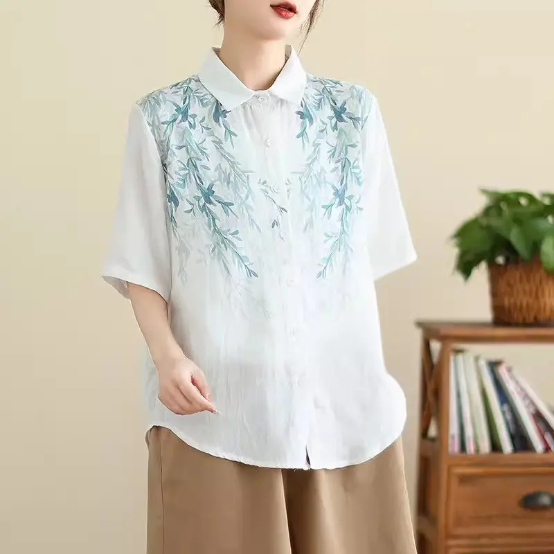 Summer Watercolor Printed Top Summer Fashion Women's 2024 Soft Breathable Double-Layer Gauze Loose Lapel Short Sleeve Shirt K721