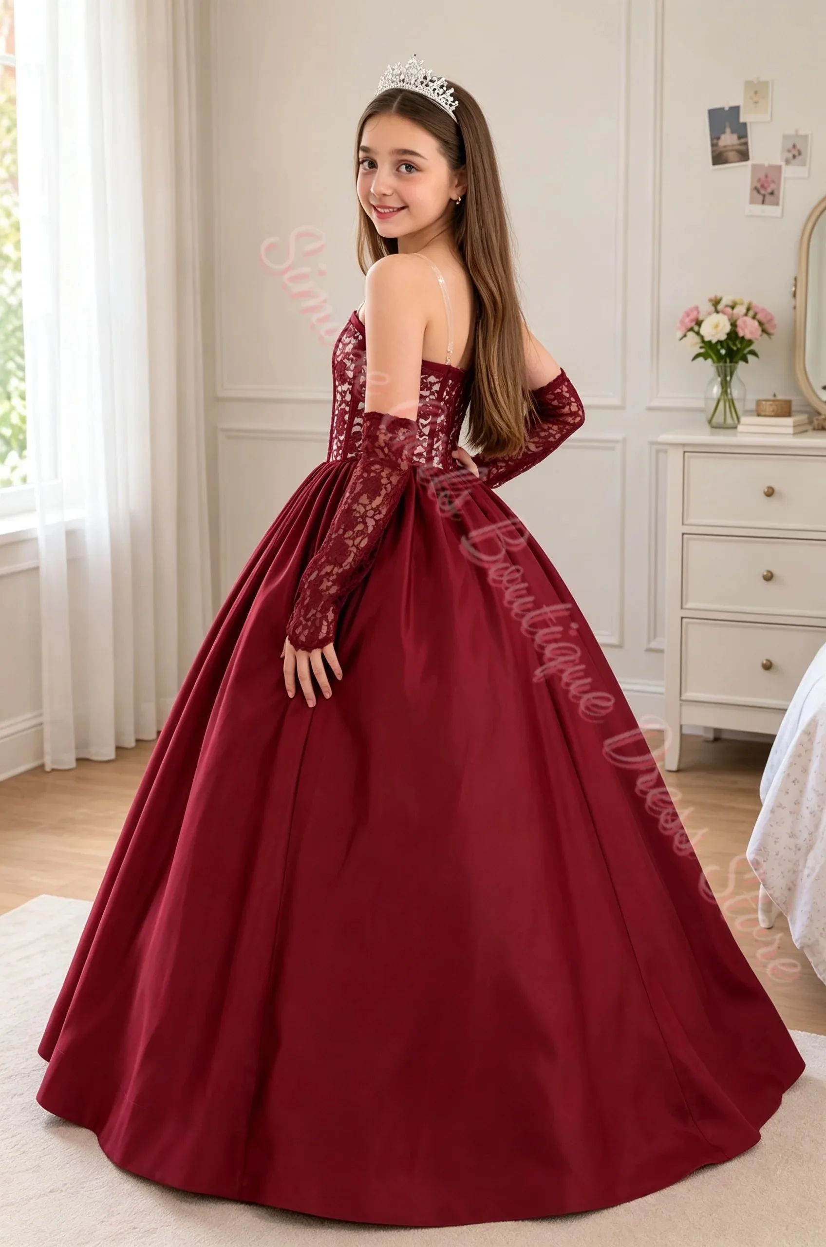Großhandel Spitzenapplikation Mädchen Festkleid Tüll Langarm Blumenmädchenkleid Tüll Prinzessinnenkleid Langes Ballkleid Mädchen Maßanfertigung – Detail 7
