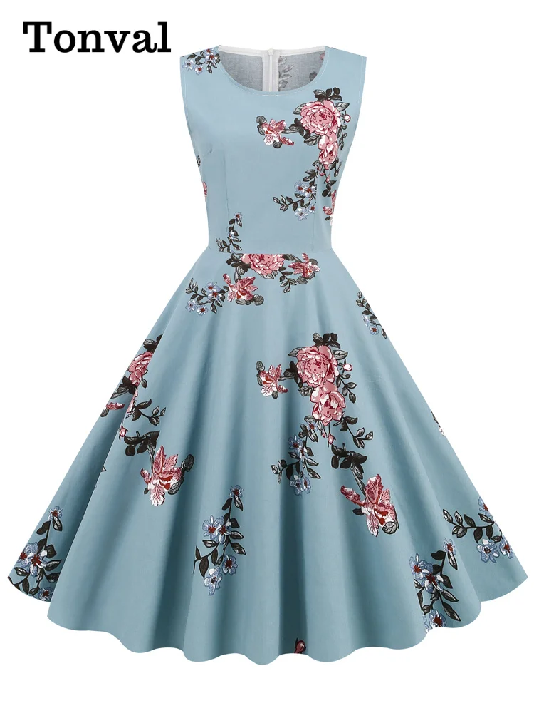 Tonval Elegant 50s Robe Retro Clothes Pinup Summer Floral Dress O-Neck Sleeveless Women Cotton Vintage Print Dresses