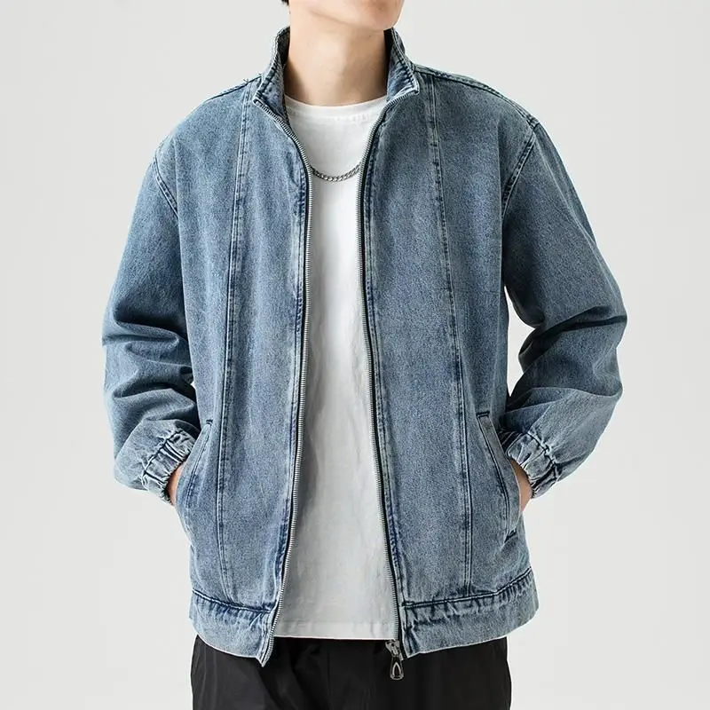 

Light Blue Denim Jacket Men's Teenager Tops Spring and Autumn New Zip Stand Collar Motorcycle Coats Loose Casual Men Clothing