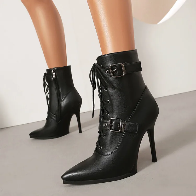 

Women Super High-heeled Pointed Ankle Boots Fashion Black Lace Up Buckle Women Short Booties Office Shoes