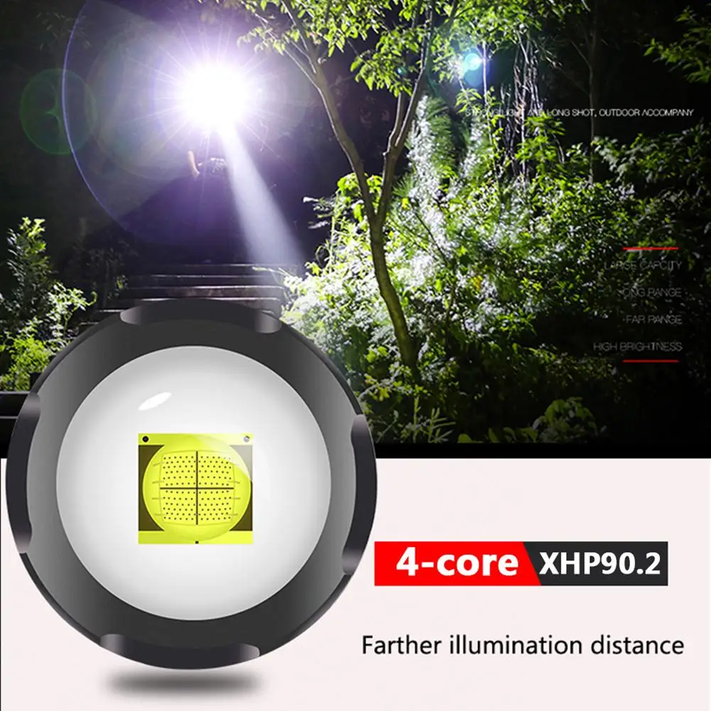 Xhp90.2 Led Double Head Flashlight Super Bright Waterproof Rechargeable Zoomable Torch Work Light Spotlight