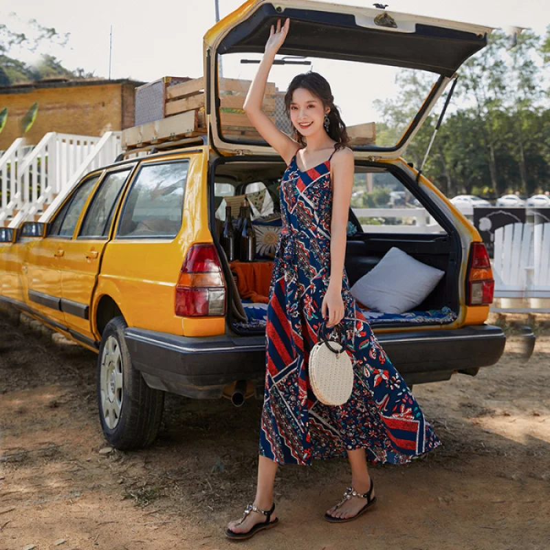 

Винтажное платье-камисоль с принтом для женщин, богемное тайское пляжное платье для отпуска