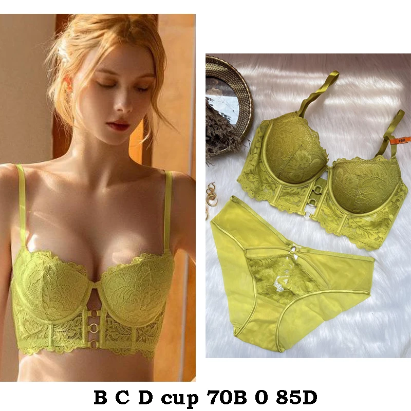 high quality sexy women bras and brief set push up B C D cup lace comfortable wire summer lingerie underwear black green orange